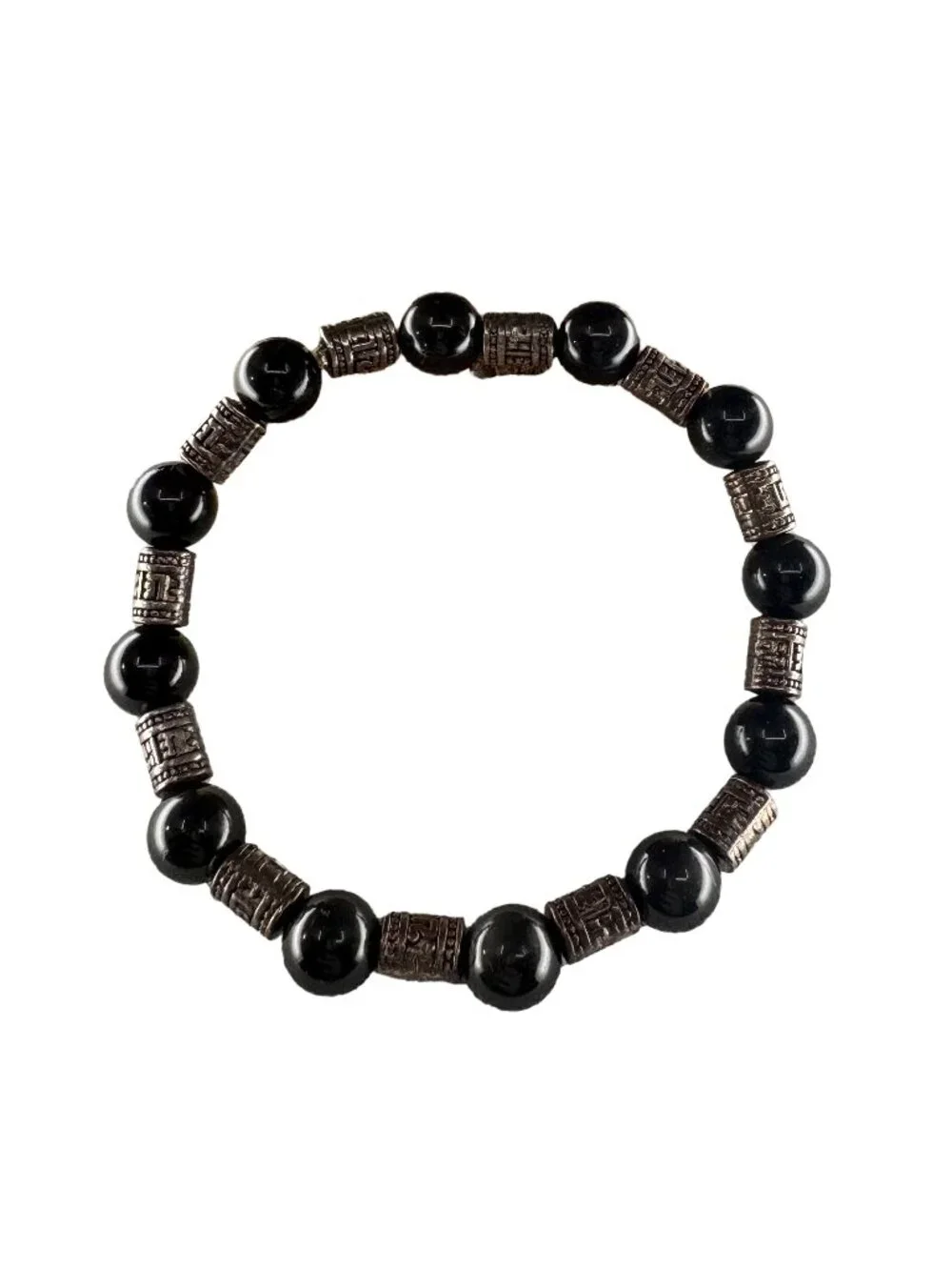 8mm Natural Black Obsidian Stretch Beaded Bracelet Silver Alloy Spacer Charm